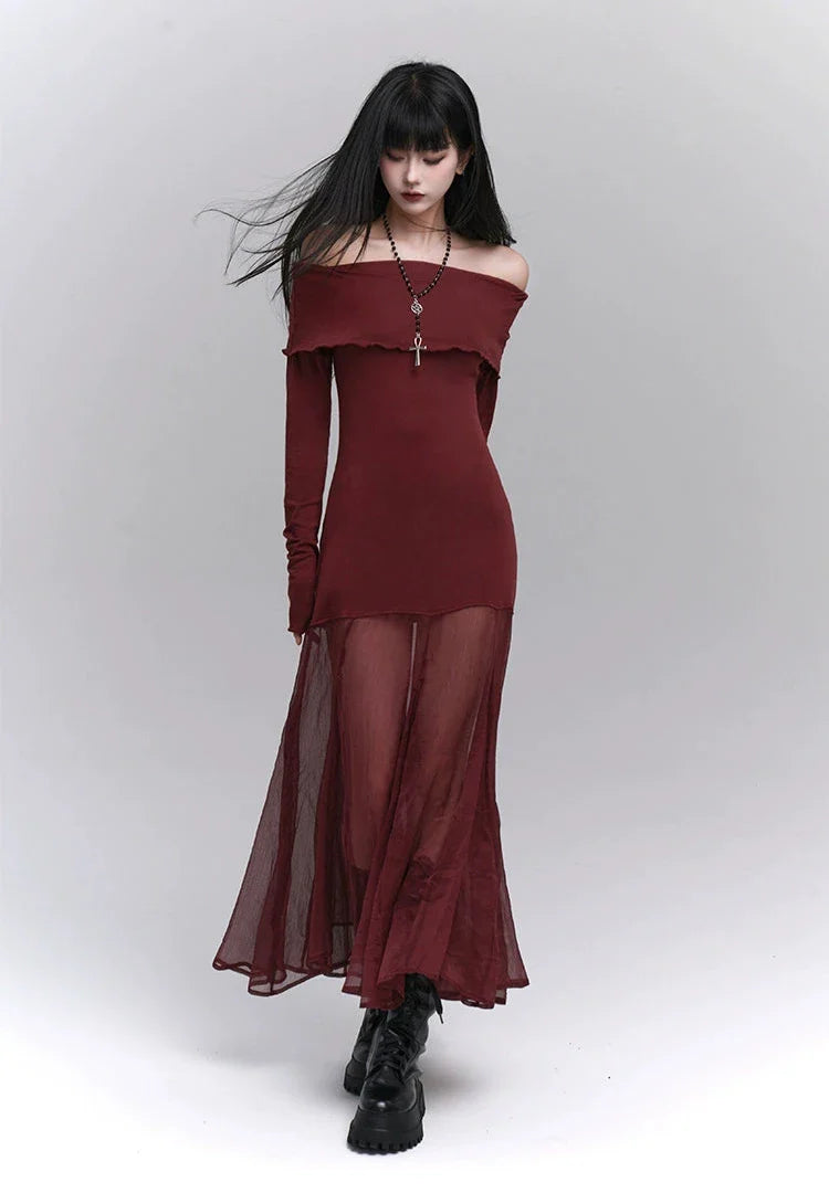 Ruffle Off-Shoulder Sheer Skirt Maxi Dress