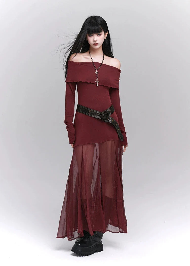 Ruffle Off-Shoulder Sheer Skirt Maxi Dress