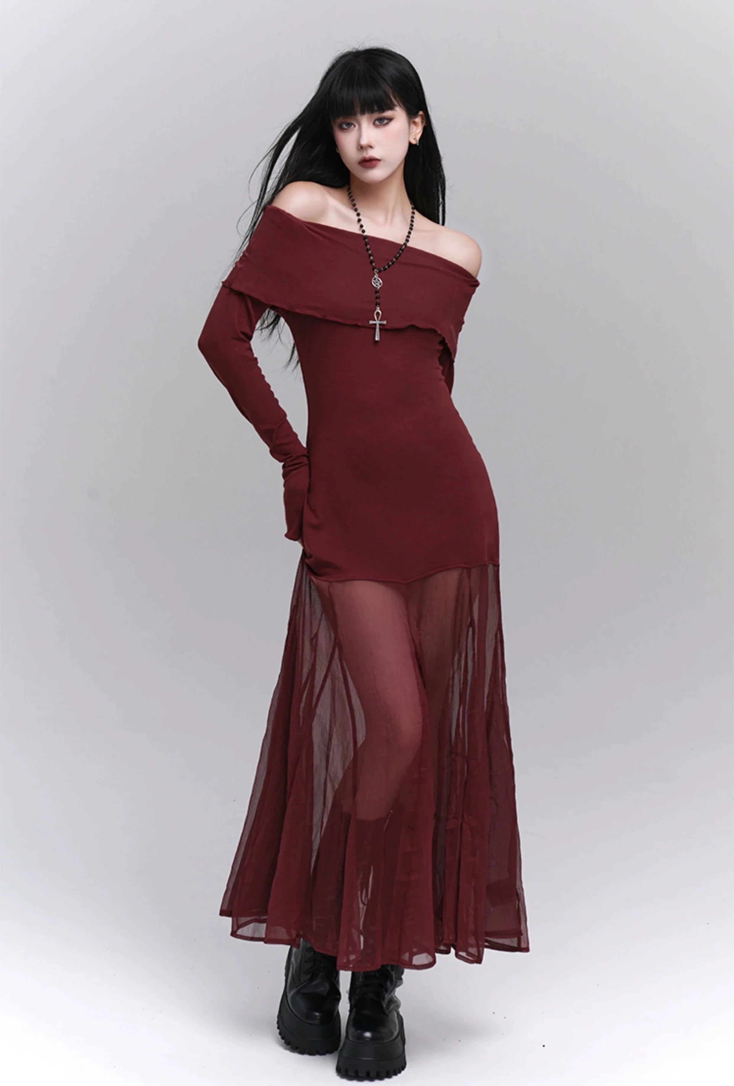 Ruffle Off-Shoulder Sheer Skirt Maxi Dress