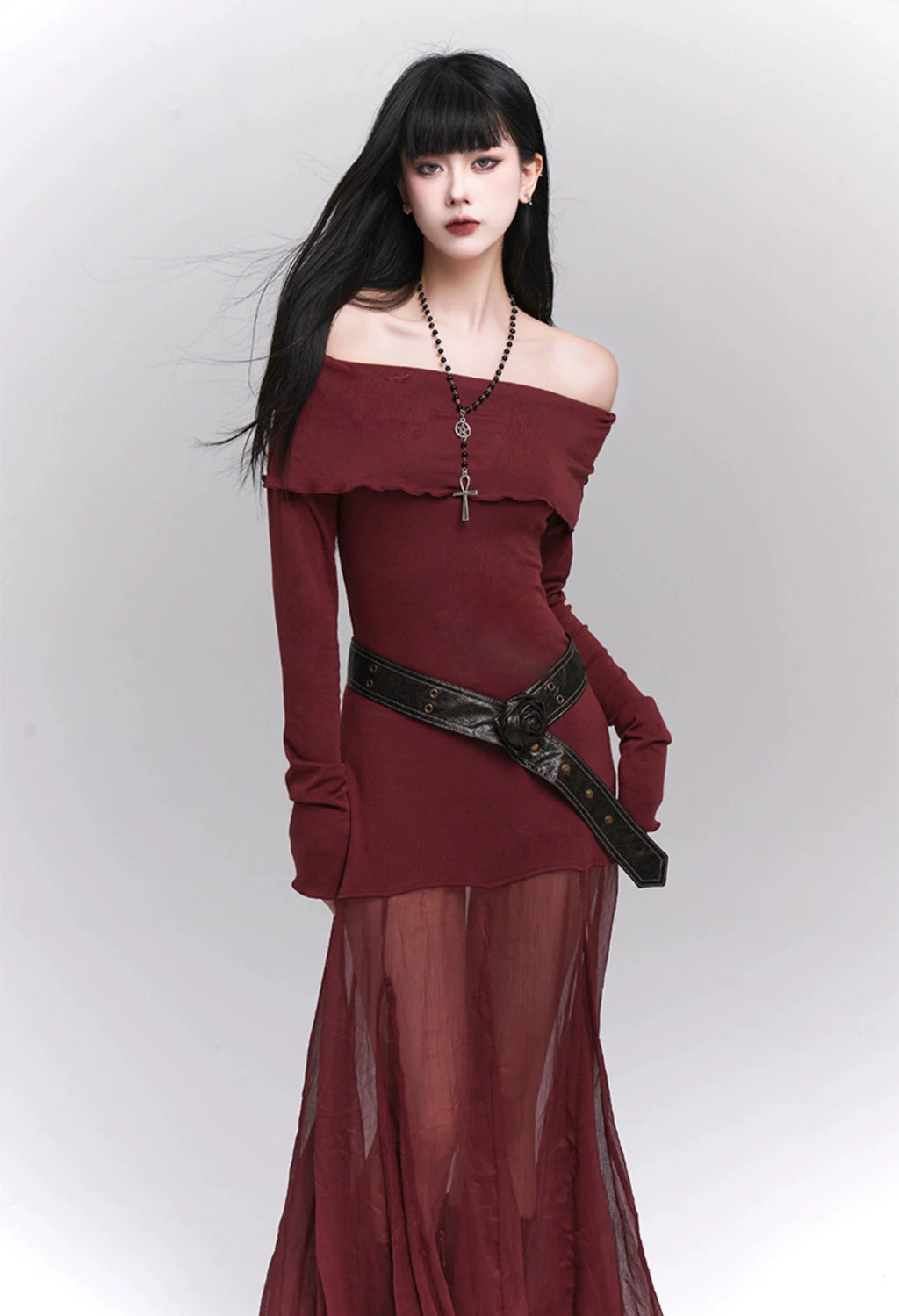 Ruffle Off-Shoulder Sheer Skirt Maxi Dress