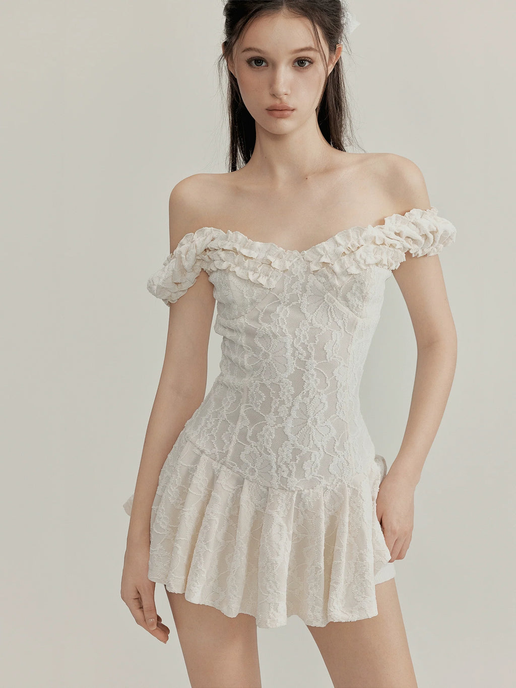 Ruffle Lace Off Shoulder Pleated Mini Dress