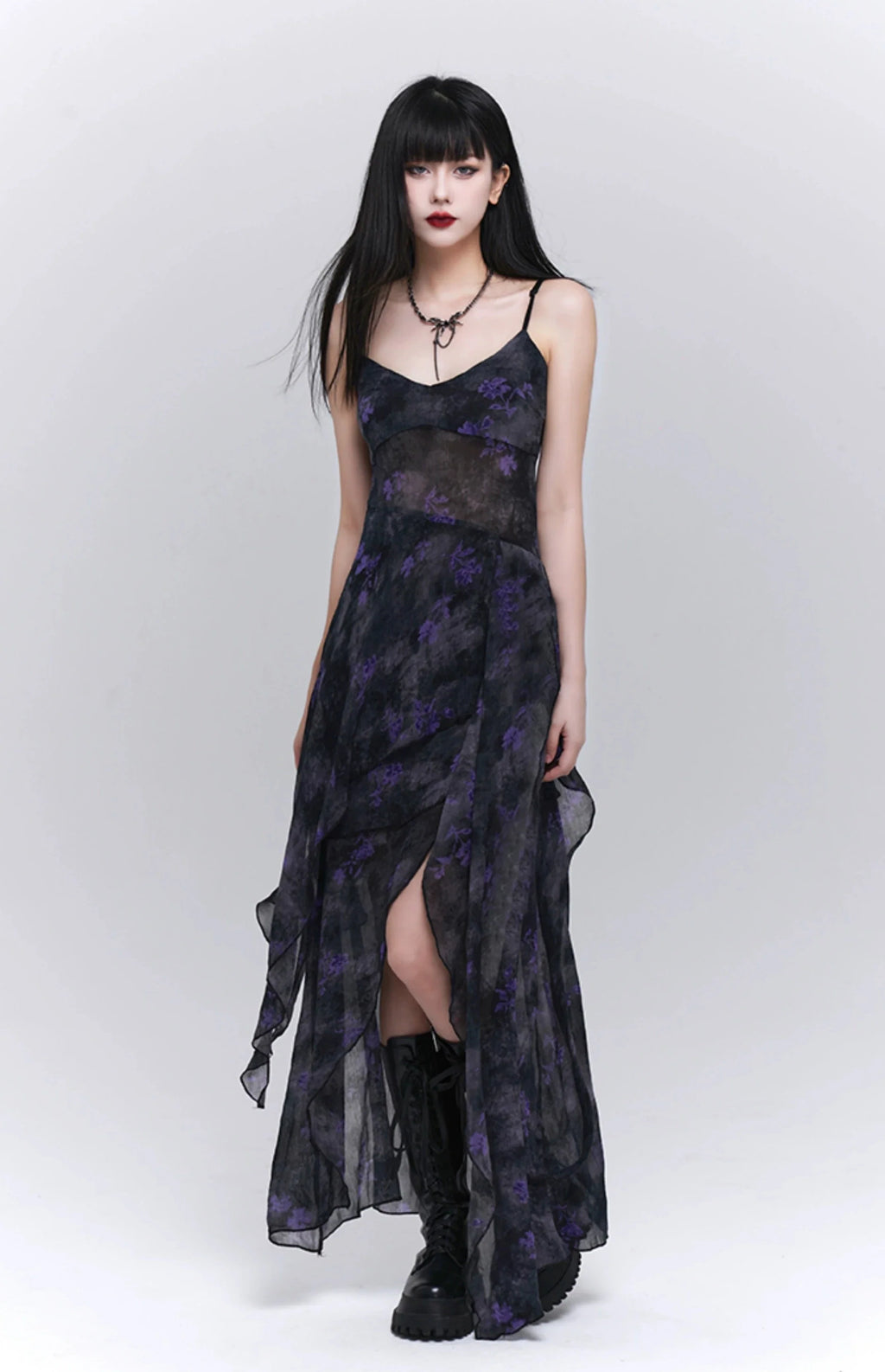 Asymmetric Hem Floral Sheer Overlay Dress