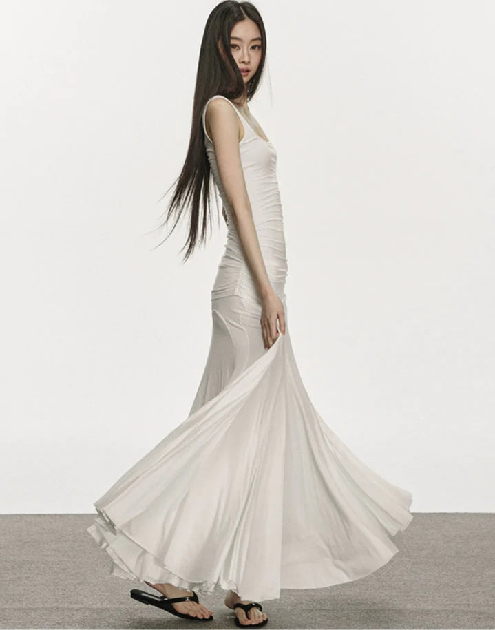 Ruched Spaghetti Strap Maxi Dress with Flared Hem