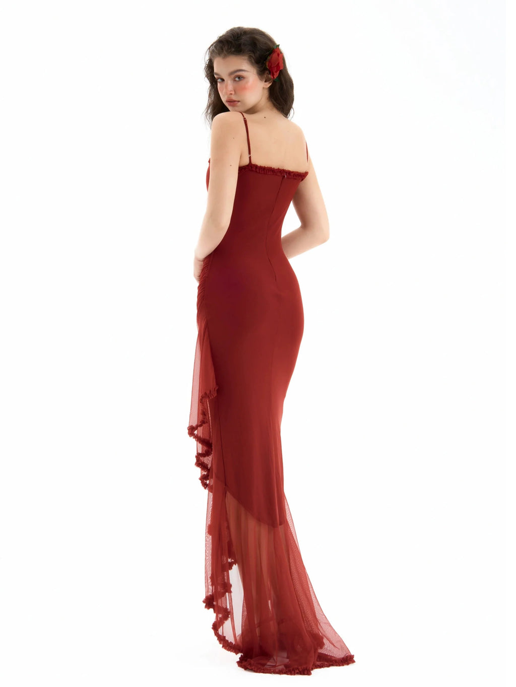 Ruched Mesh Asymmetric Hem Adjustable Strap Maxi Dress