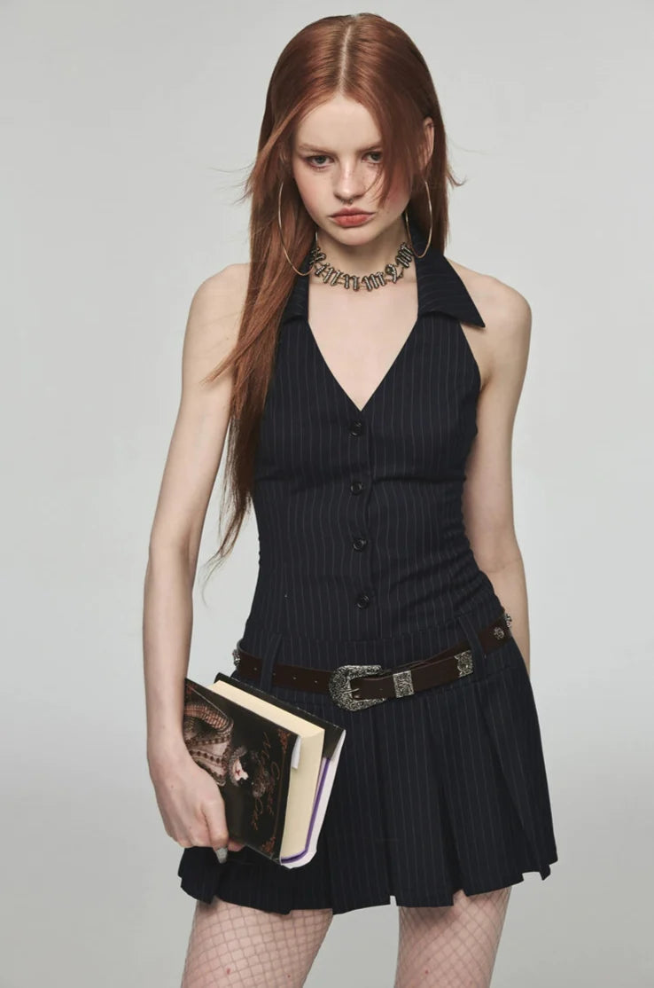 Halter Neck Stripe Button Pleated Mini Dress with Belt Loops