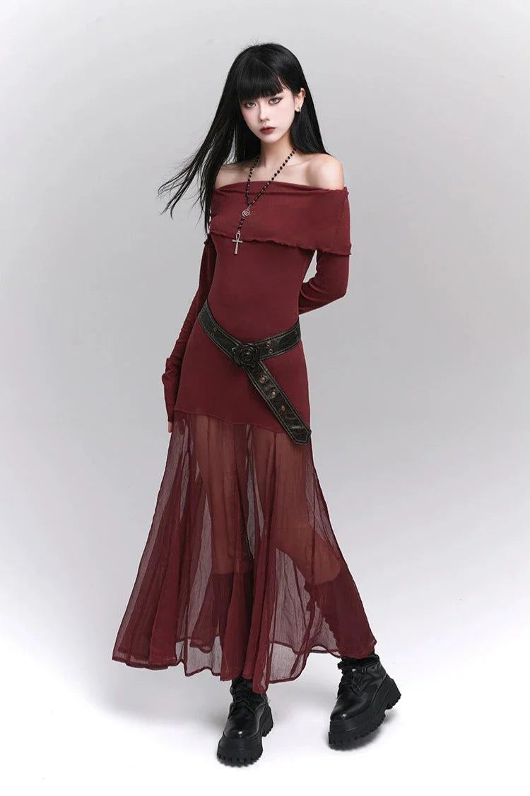 Ruffle Off-Shoulder Sheer Skirt Maxi Dress