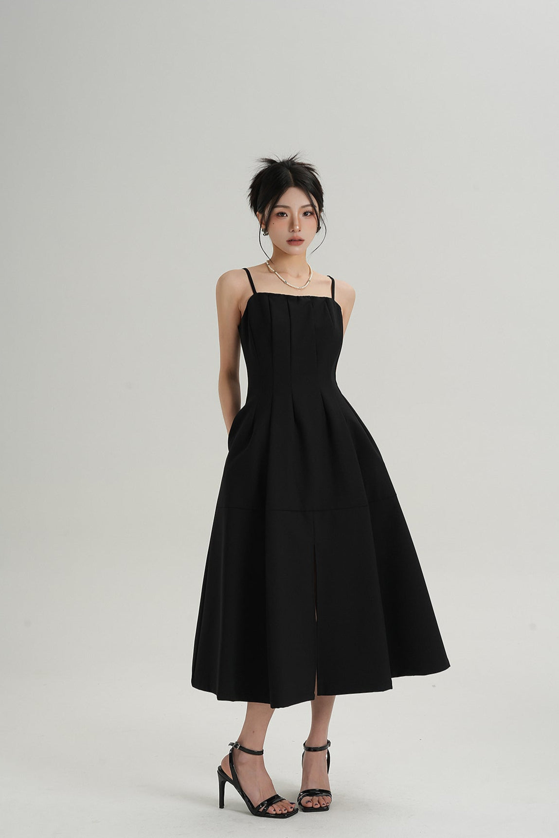 Pleated Spaghetti Strap Midi Dress with Front Slit