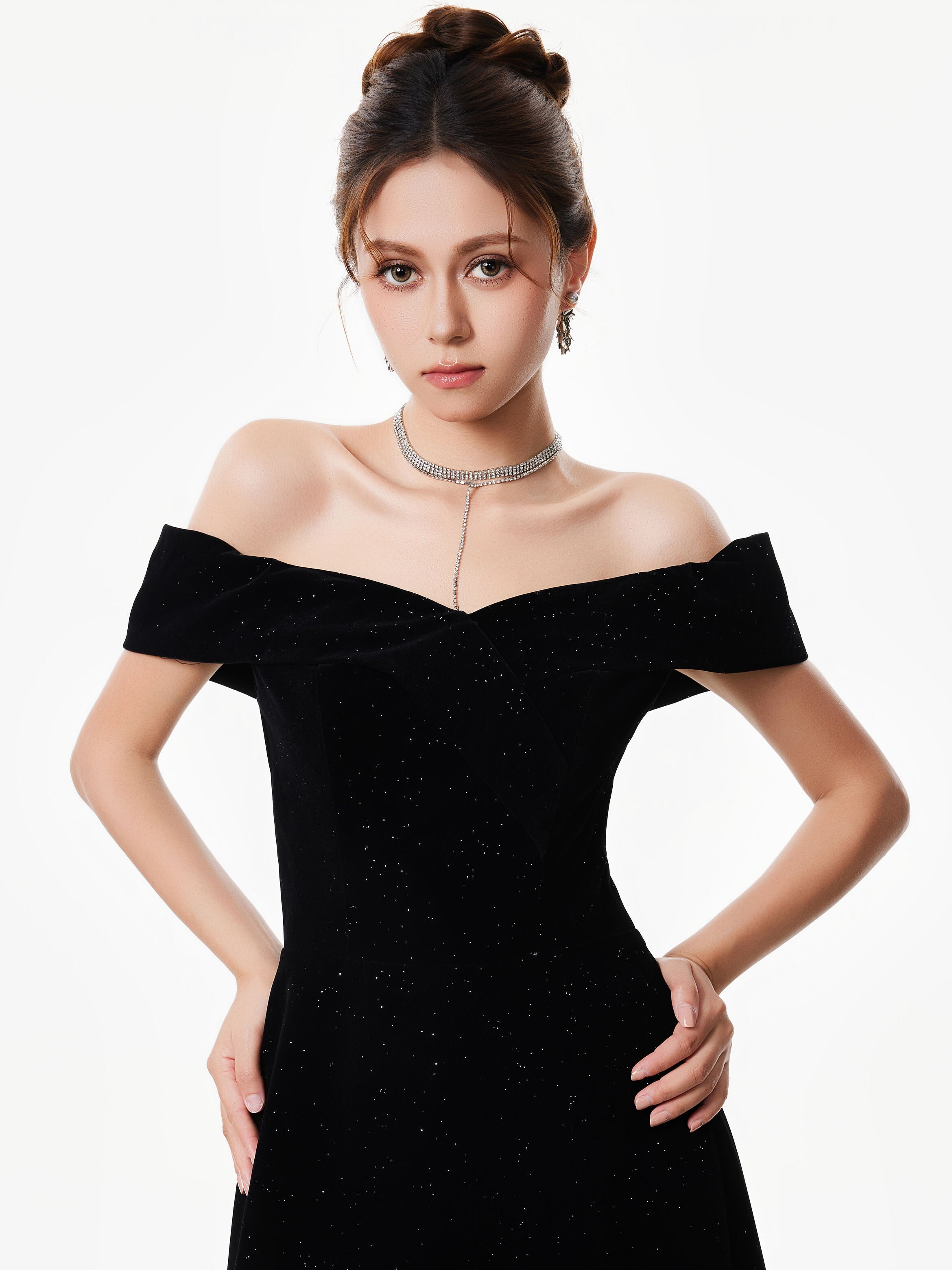 Off-Shoulder Velvet Sparkle Evening Dress with Sequin Detail