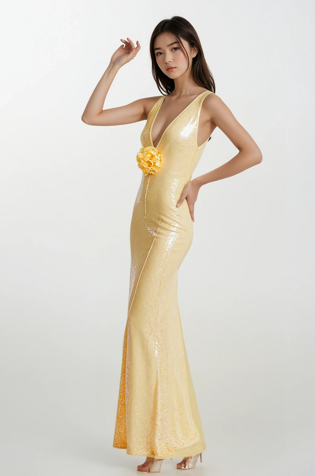 Sequin Bodycon Maxi Dress with Flower Applique Detail