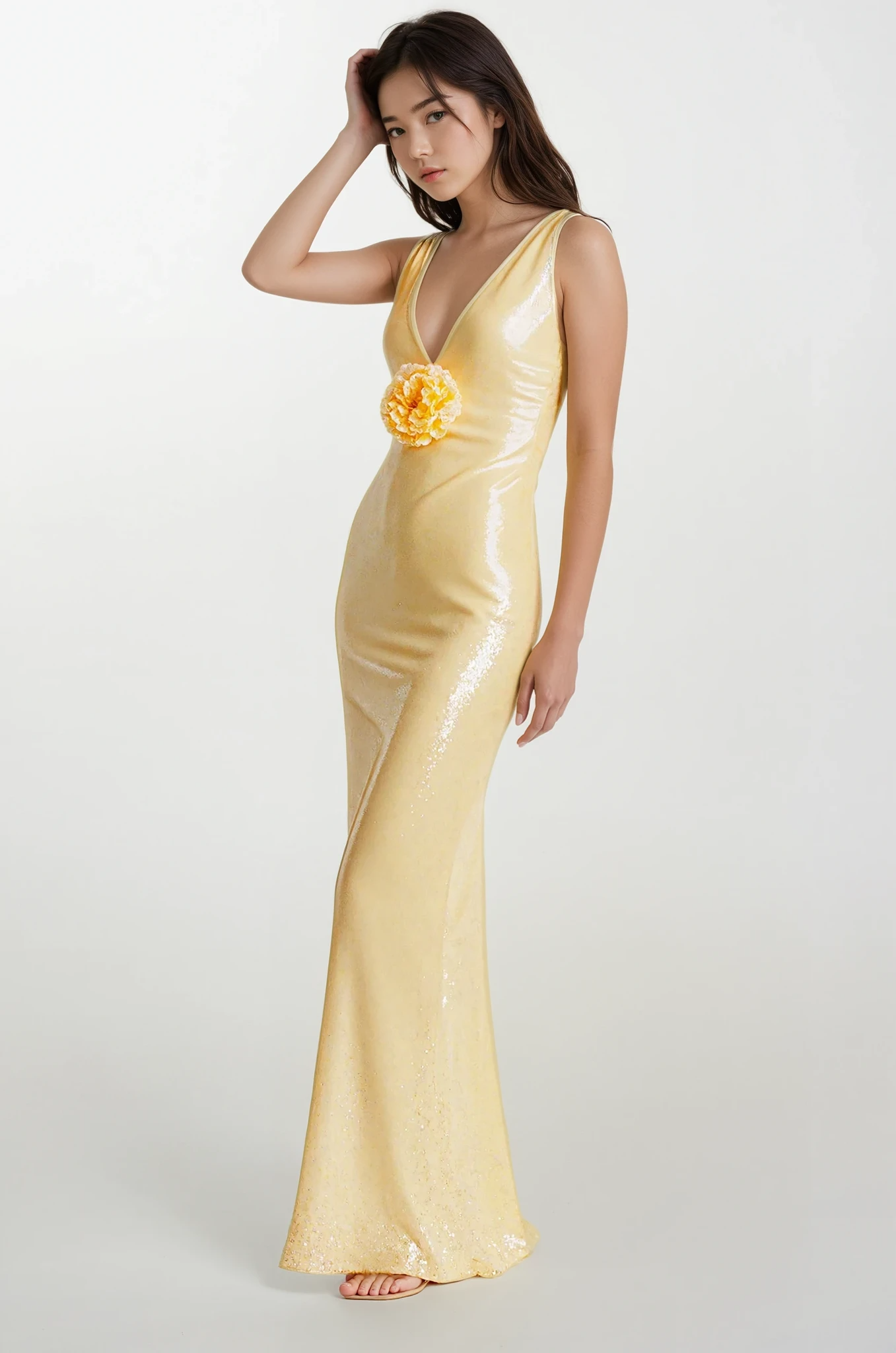 Sequin Bodycon Maxi Dress with Flower Applique Detail