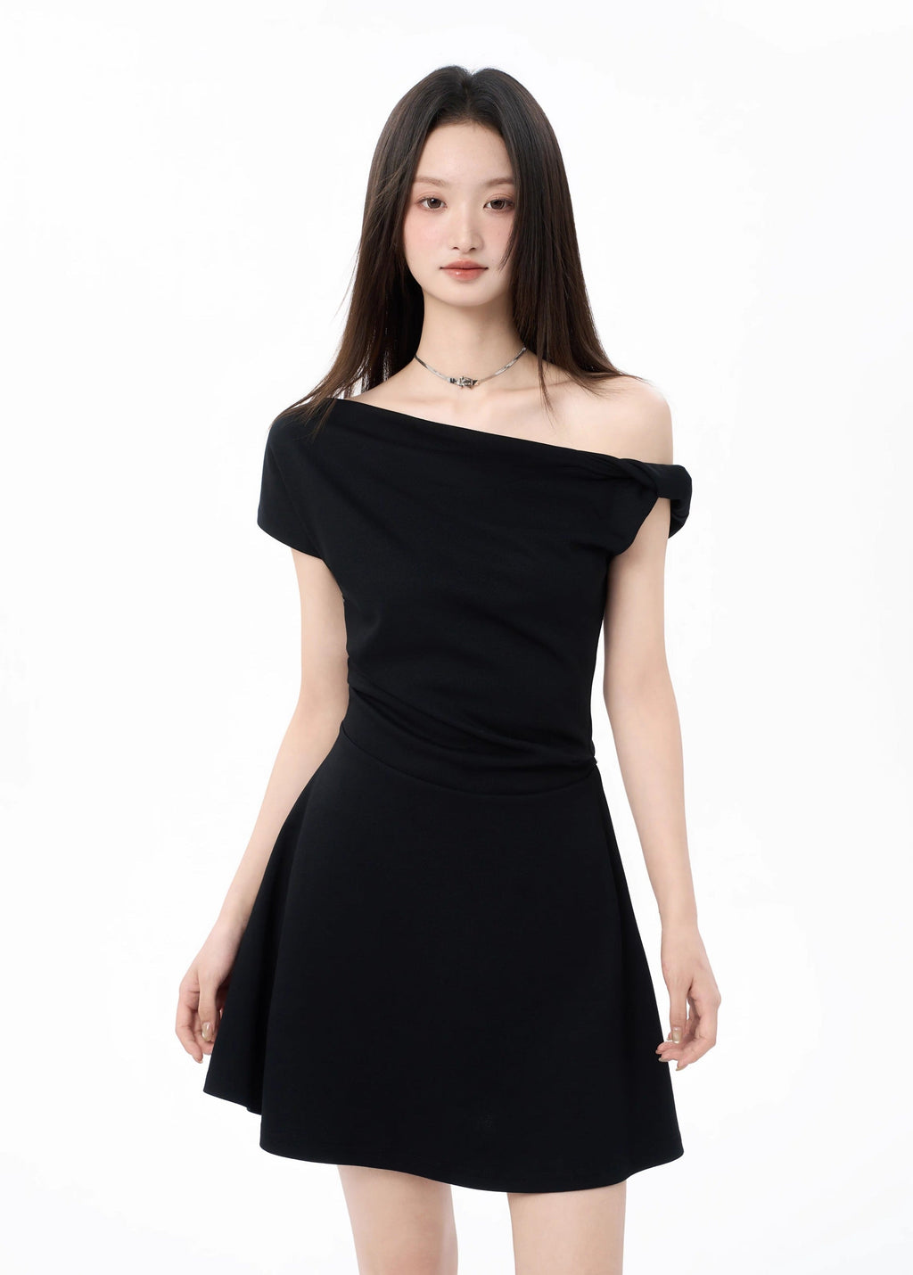 Asymmetric Off Shoulder Short Sleeve Flared Hem Mini Dress
