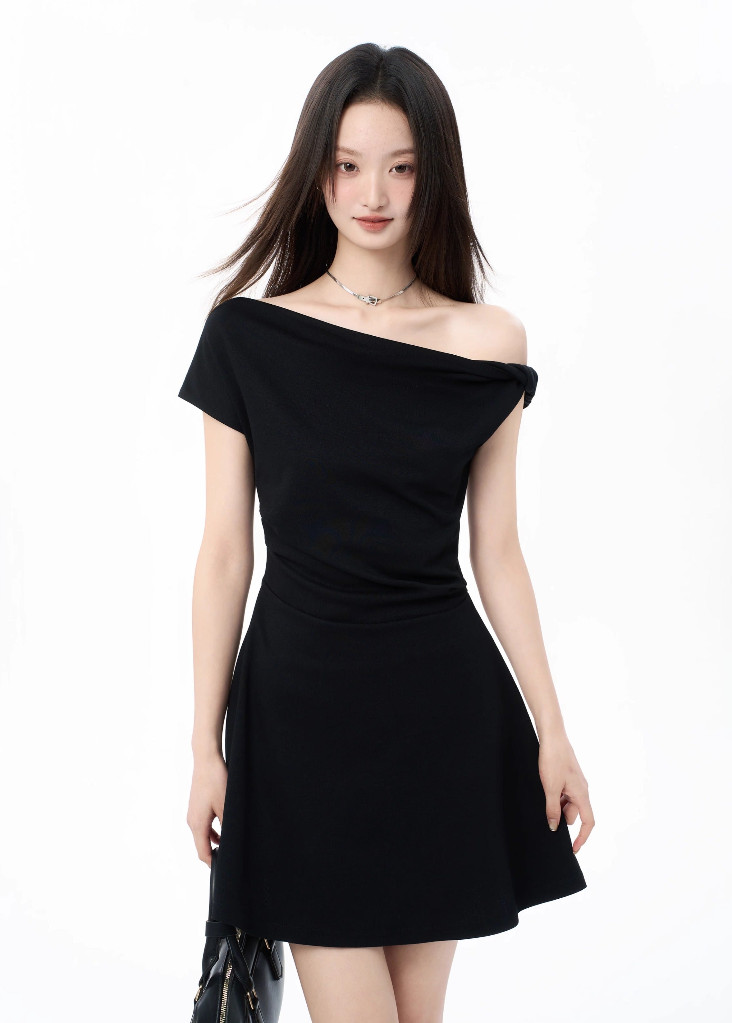 Asymmetric Off Shoulder Short Sleeve Flared Hem Mini Dress
