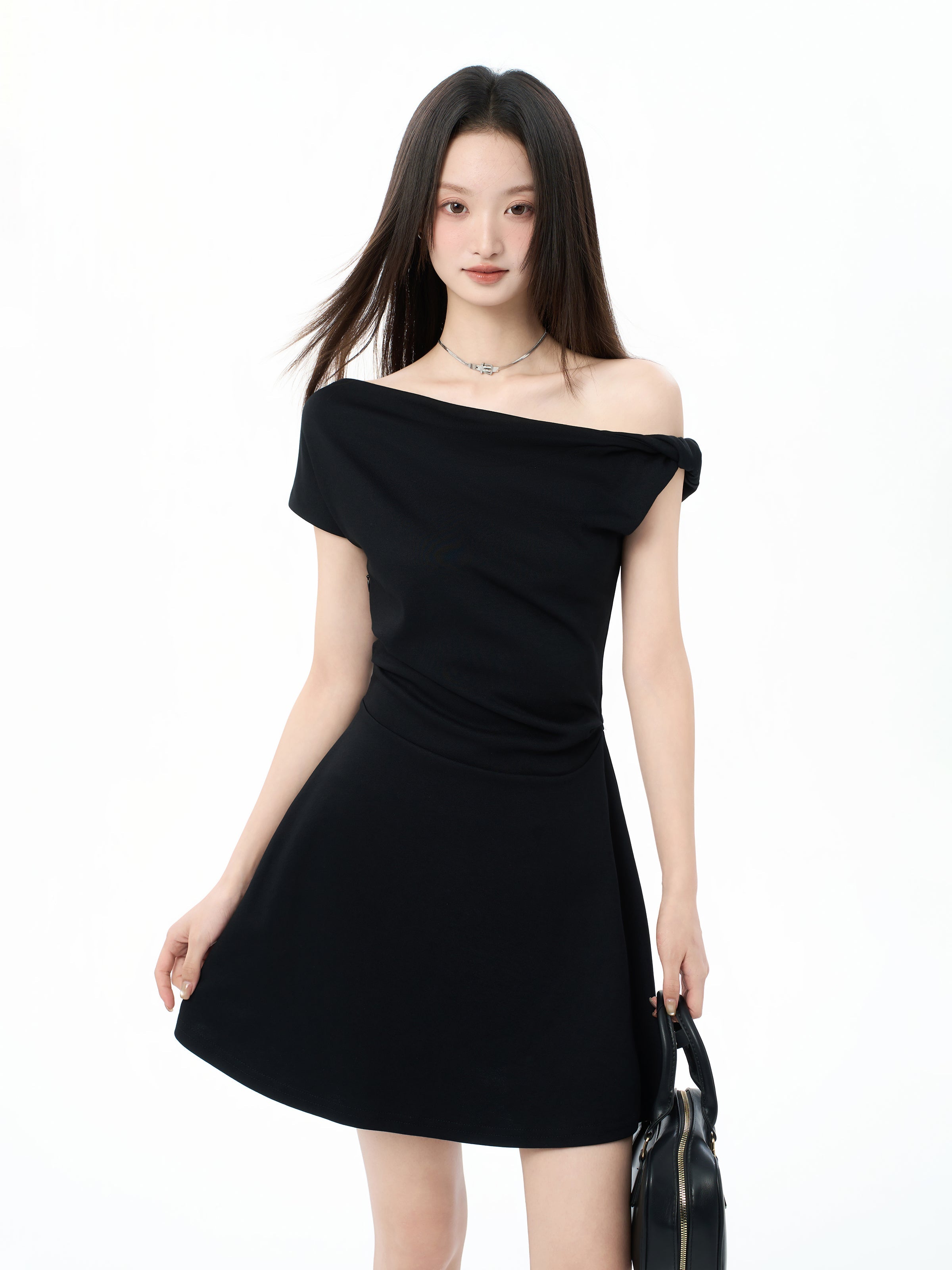 Asymmetric Off Shoulder Short Sleeve Flared Hem Mini Dress
