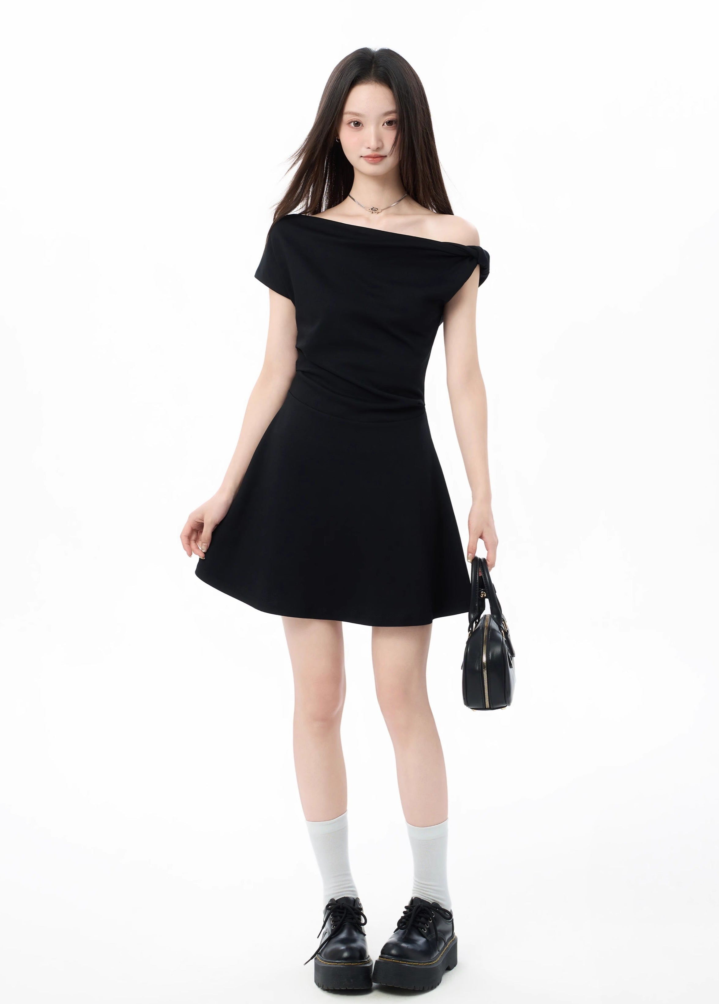 Asymmetric Off Shoulder Short Sleeve Flared Hem Mini Dress