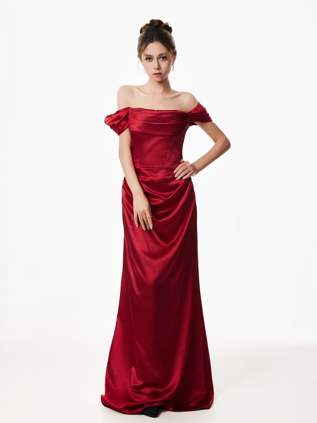 Off-Shoulder Satin Draped Corset Evening Dress
