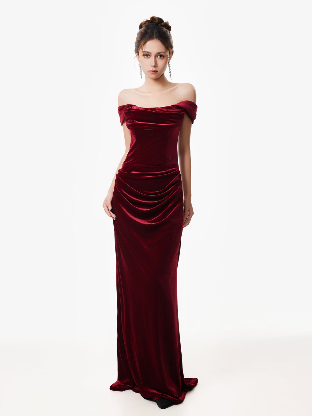 Off-Shoulder Velvet Draped Corset Evening Dress