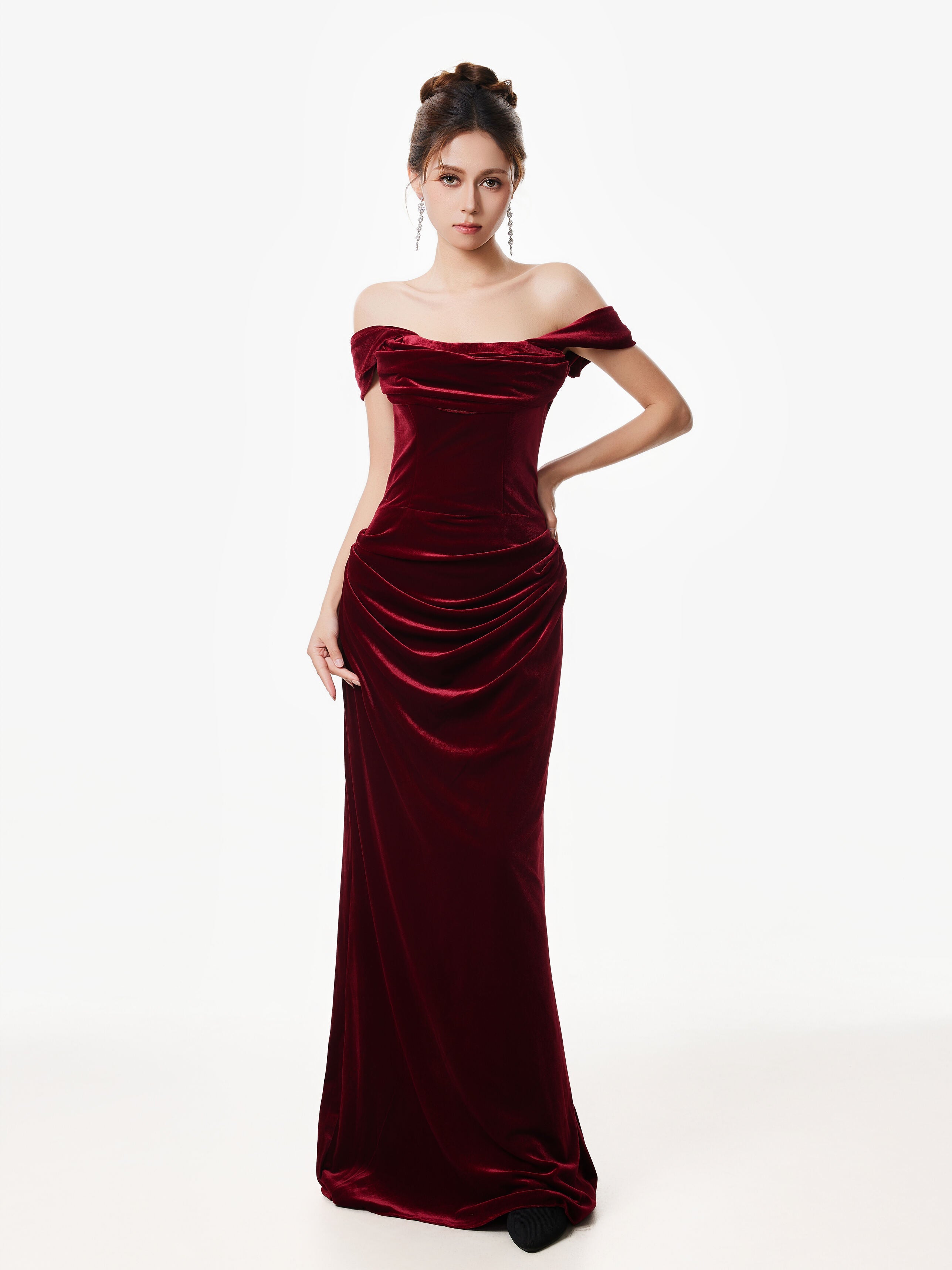 Off-Shoulder Velvet Draped Corset Evening Dress