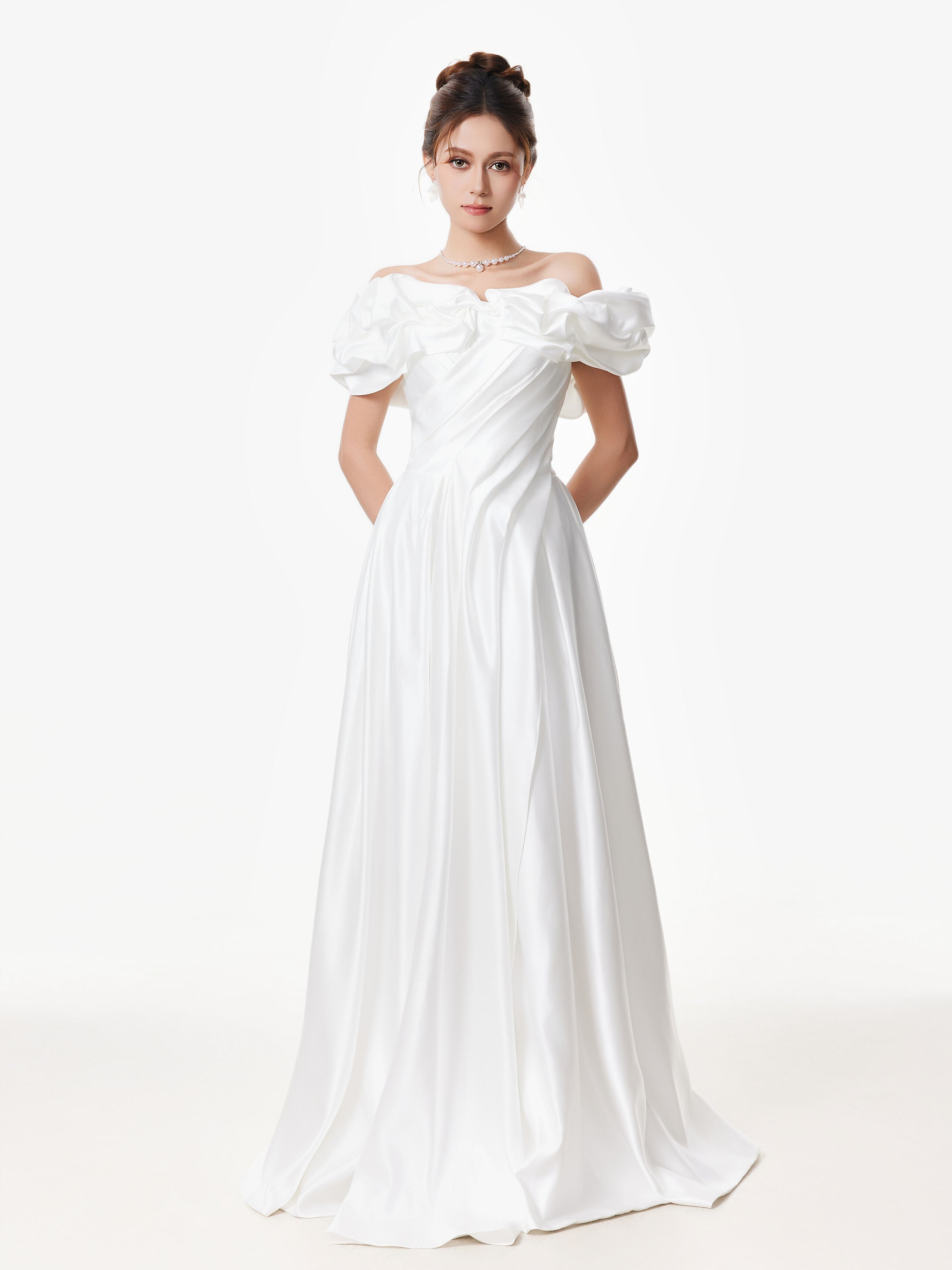 Off Shoulder Ruffle Gown with Floral Detail