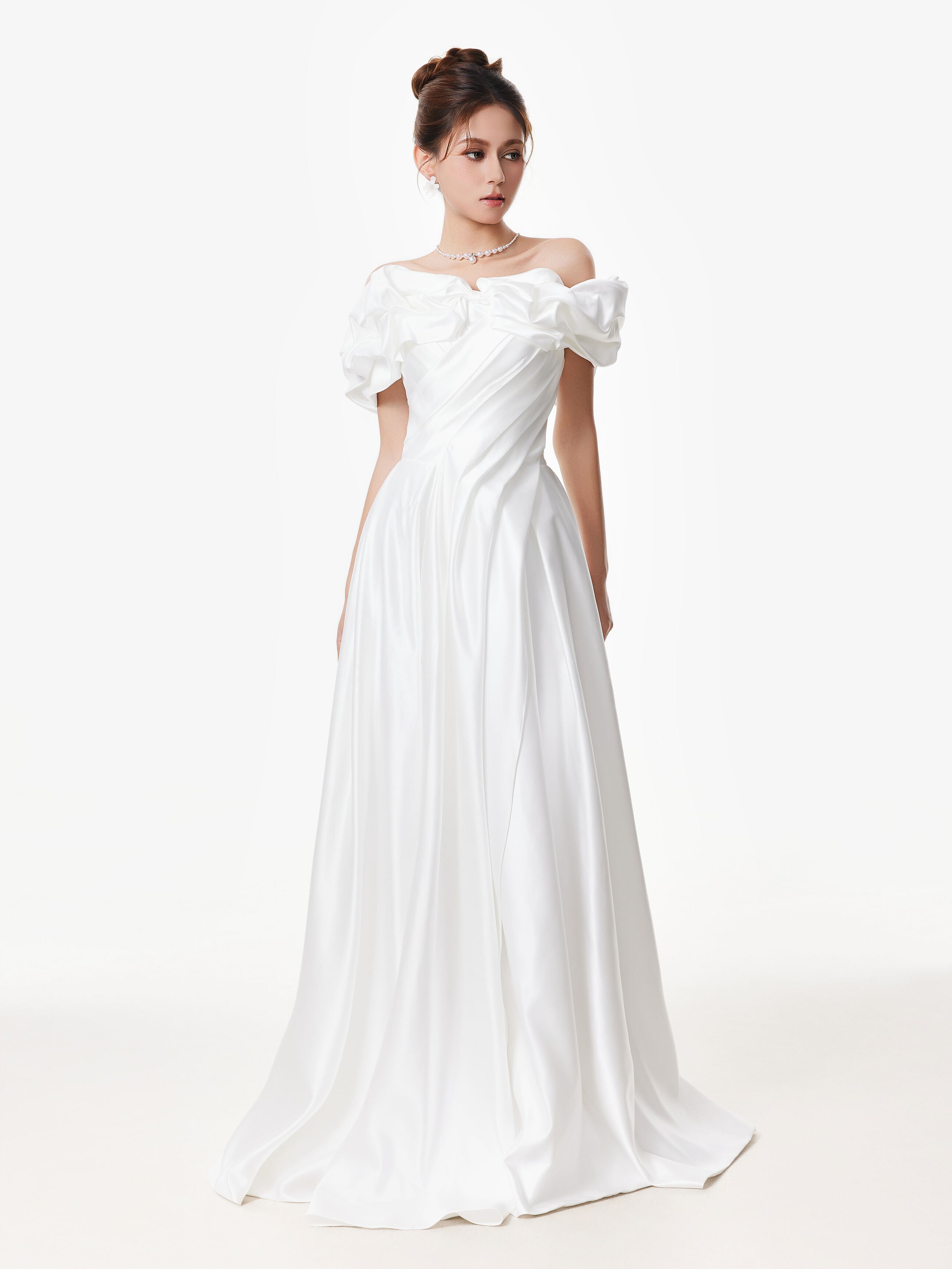 Off Shoulder Ruffle Gown with Floral Detail