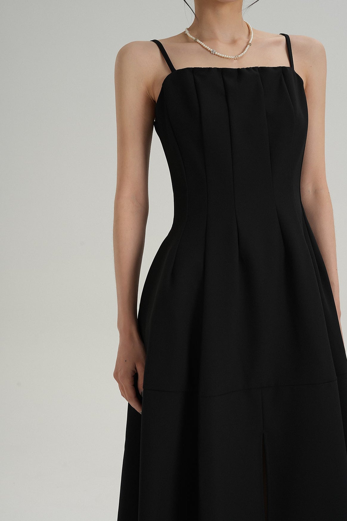 Pleated Spaghetti Strap Midi Dress with Front Slit