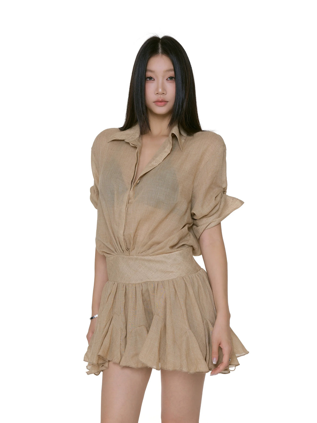 Collared Mini Shirt Dress with Gathered Waist and Flared Hem