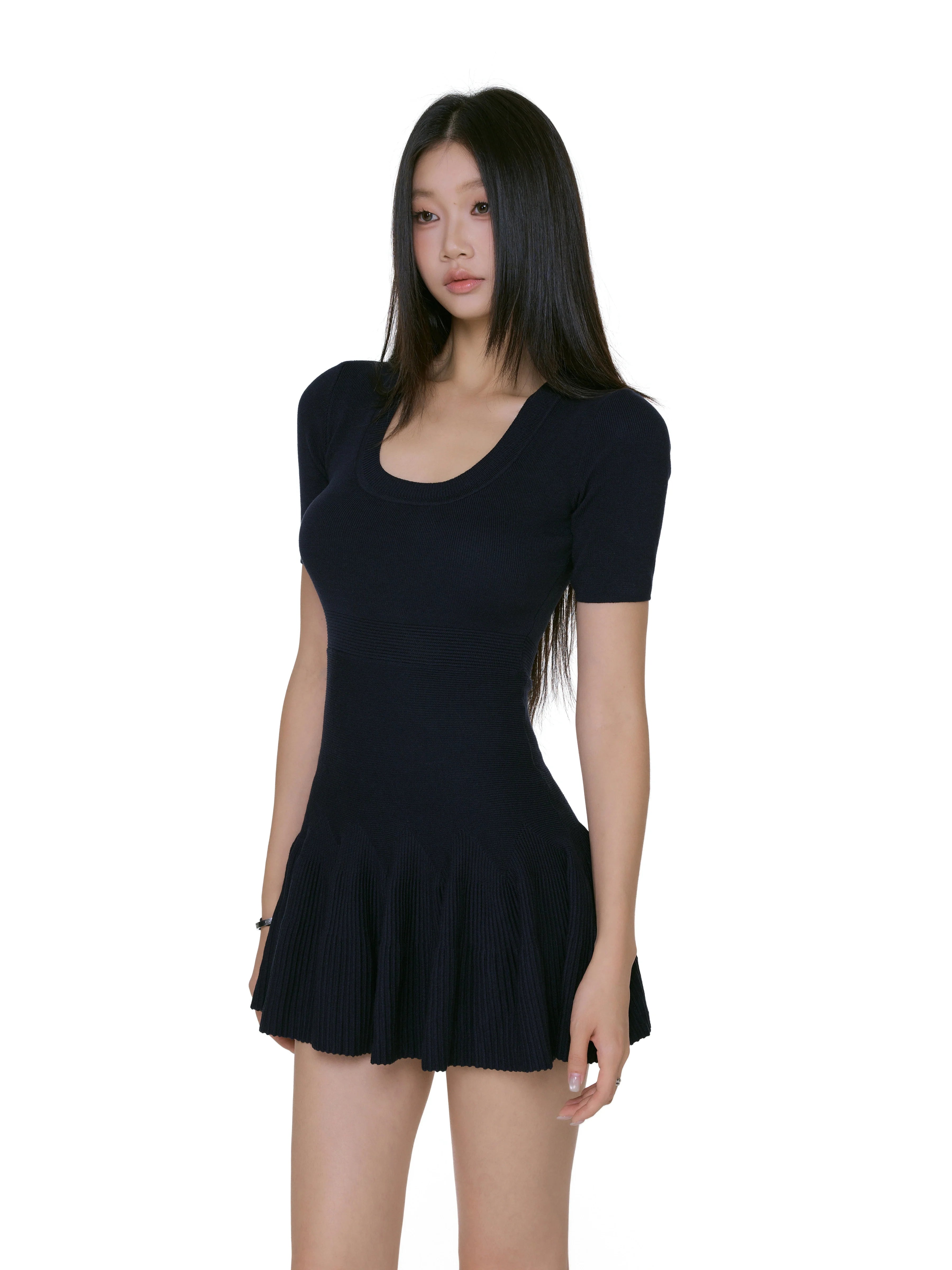 Scoop Neck Ribbed Knit  Short Sleeves Mini Dress