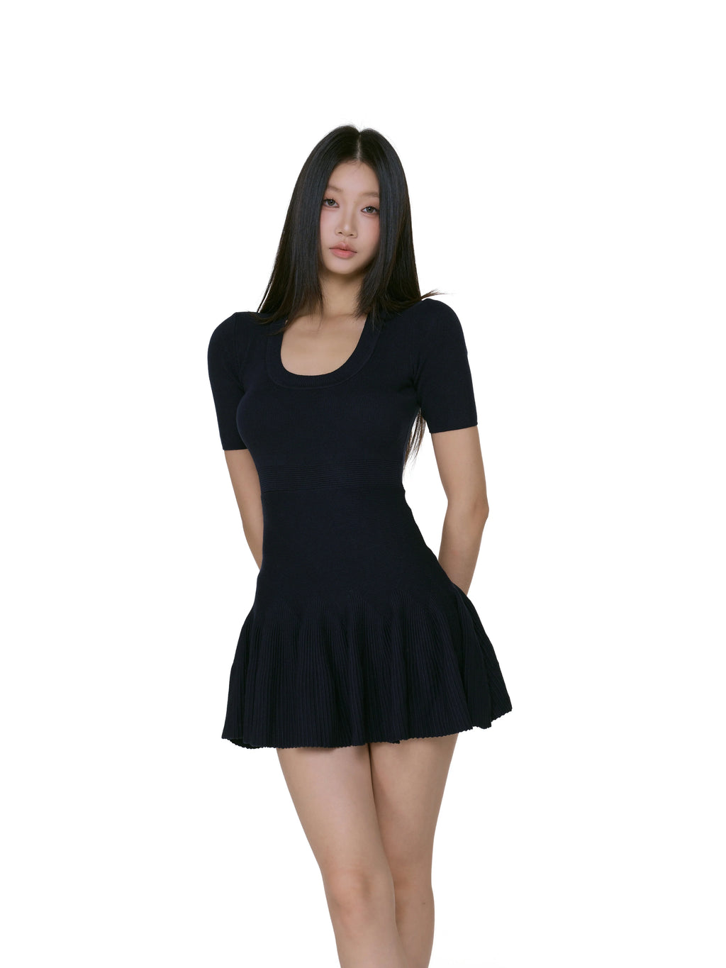Scoop Neck Ribbed Knit  Short Sleeves Mini Dress