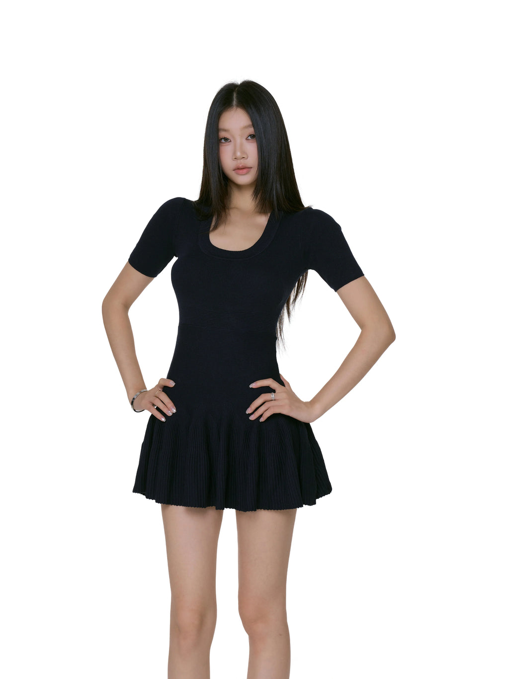 Scoop Neck Ribbed Knit  Short Sleeves Mini Dress
