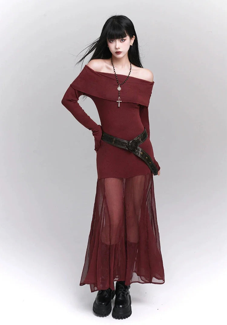 Ruffle Off-Shoulder Sheer Skirt Maxi Dress