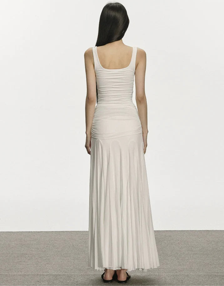 Ruched Spaghetti Strap Maxi Dress with Flared Hem