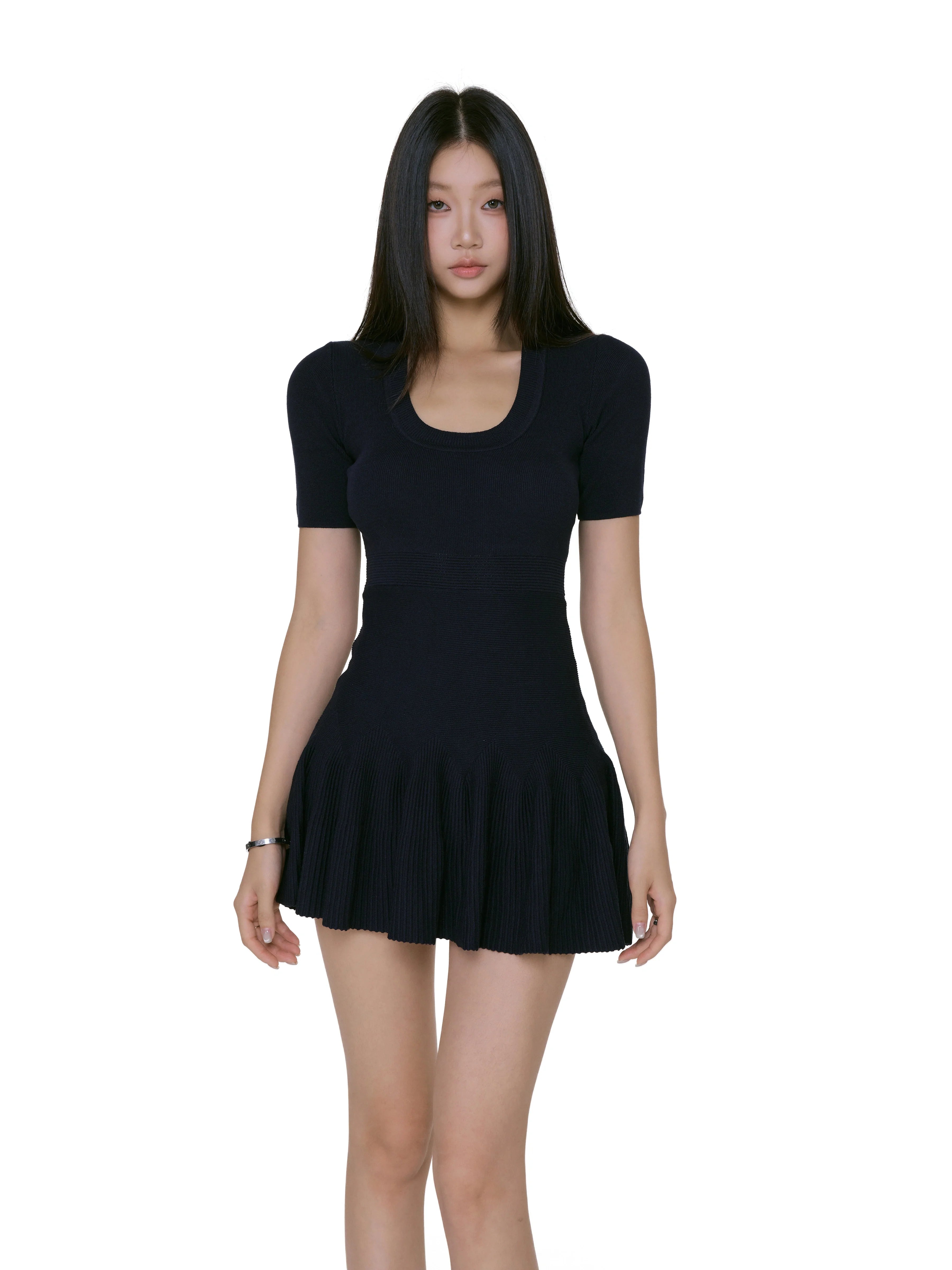Scoop Neck Ribbed Knit  Short Sleeves Mini Dress
